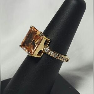 Gold Tone Champagne Topaz Gemstone Rhinestone Ring 6.5-7